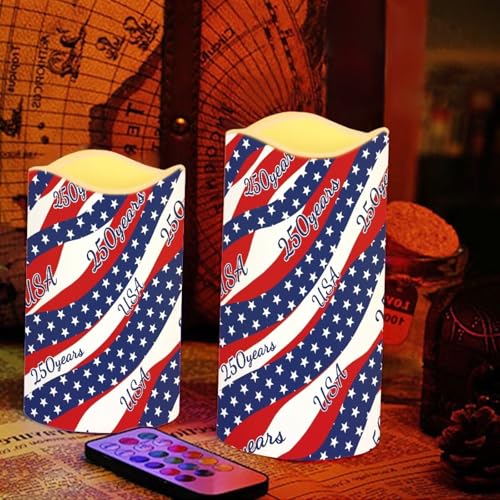 Image of 250 Years of America Pillar Led Candles Set of 4 Star Stripes Patriotic Candle Warmer Lamp Fourth of July Remote Control Candles Modern Decors for Indoor Outdoor Parties