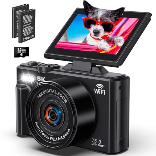 Image of BIGASUO 5K Digital Camera - 75MP Digital Cameras for Photography - Vlogging Camera for YouTube - Autofocus Video Camera 3 inch 180 Flip Screen with 18X Zoom (1204) (Black, B04)