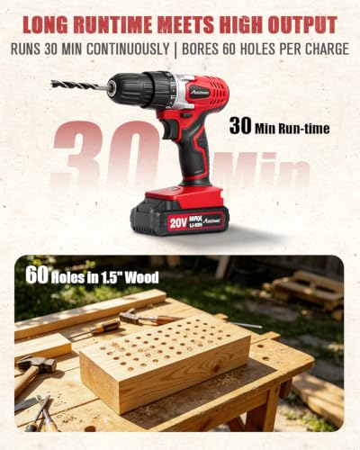 AVID POWER 20V Cordless Drill Set for Home DIY & Beginner Projects - Lightweight Power Drill with Battery Charger & 22 Bits, Variable Speed, 3/8" Keyless Chuck, Ideal for Furniture Assembly (Red) - Image 2