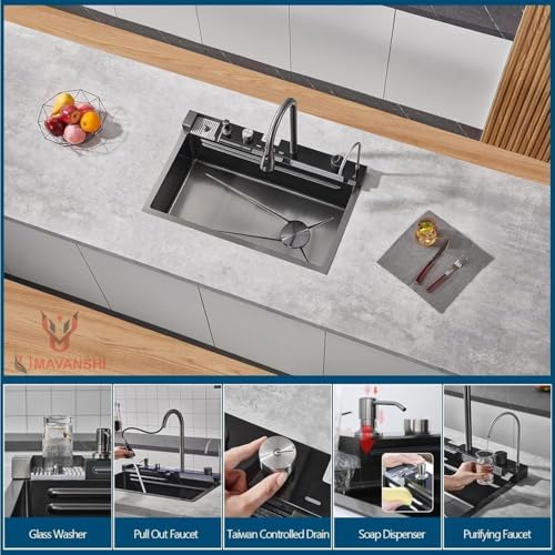 Image of Kitchen Sink 304 Grade Anti Scratch Design with Integrated Waterfall and Pull-Down Faucet Set and All Accessories All in One Stainless Steel Sink for Kitchen (Digital (30X18X9))