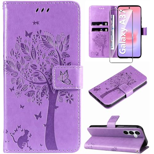 Hancda Phone Case for Samsung Galaxy A37 5G Leather Case with Tempered Glass Screen Protector Wallet with Card Holder Flowers Design Magnetic Flip Phone Cover for Samsung A37 5G Purple