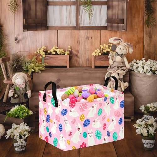 Image of Rectangle Gift Storage Basket Home Shelf Storage Basket Organizer Box Clothes Laundry Hamper Nursery Basket Laundry Basket with Handles (Pink White-Bunny)