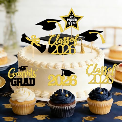 Image of 48 PCS Graduation Cupcake Toppers, 6 Styles Congrats Grad Cake Topper, Black and Gold Graduation Decorations 2026, Glittery Cap and Diploma Cake Picks for Grad Party Decor Supplies