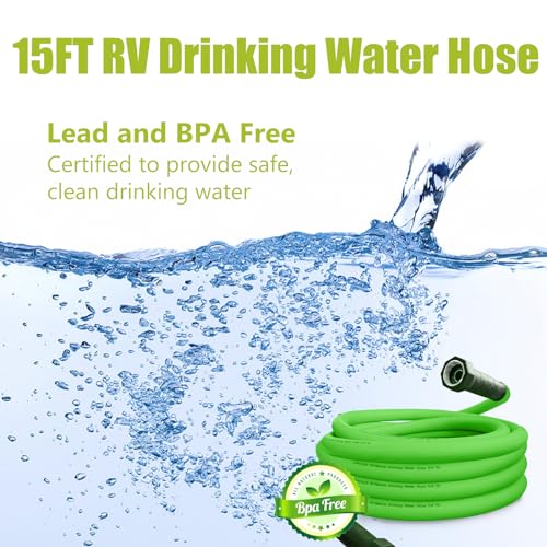Image of Cupohus RV Water Hose 15FT, 5 /8 inch Extra Thick Wall Drinking Water Hose | Camper Water Hose, Potable Food Grade Hose with Storage Strap, Strain Relief Ends, Kink-Resistant, Marine, Car, Garden, Green