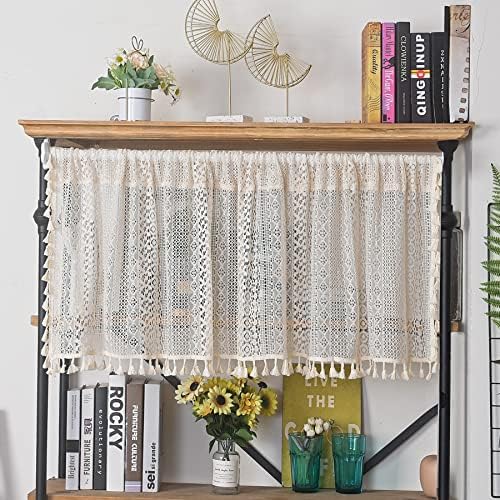 Setabeck Boho Sheer Lace Valance Tier Curtain Crochet Vintage with Handmade Macrame Tassel Knitted Window Treatment Drape for Bedroom Living Room Kitchen (1 Panel Crochet Beige, 59"x 24")