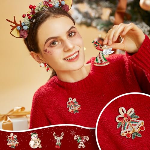 Image of 6 Pieces Merry Christmas Pins Brooch, Rhinestone Crystal Christmas Pin Enamel Christmas Bells Elk Snowmen Lollipop Brooch Christmas Decoration Ladies Holiday Gift Jewelry Party