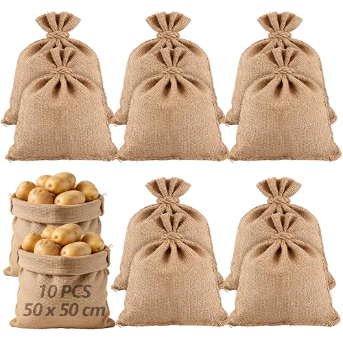 Oungy 10 Stück Jutesack 50 X 50 cm Jutesäckchen 20 Kg Traglast Kartoffelsack Jutesäcke für Pflanzen Strapazierfähig Jutesack xxl Sackhüpfen Säcke für Aufbewahrung von Lebensmitteln