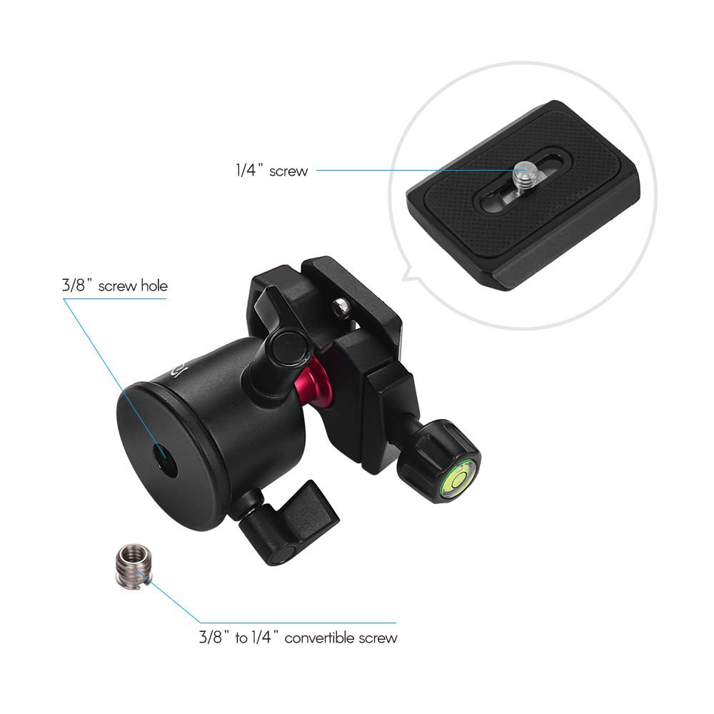 Andoer Mini statyw stołowy z panoramiczną głowicą kulową, głowicą kulową, płytką szybkozłączną, poziomica, śruba 1/4 cala, do GoPro Hero 6/5/4/3+ do Yi Lite 4K