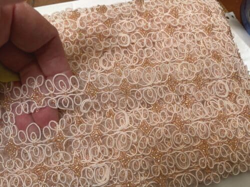 Pink Embroidered Hand Sewn 1 1/4" Trim Soutache Glass Beads Scallop 1yd Pink Fabric