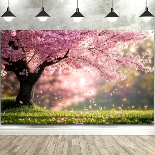 Wathon Spring Pink Cherry Blossom Tree Backdrop Picnic Outdoor Travel Nature Scene Photo Backdrop Flower Branches Party Decorations Banner Birthday Photo Background Booth Studio Video Props 8X6FT