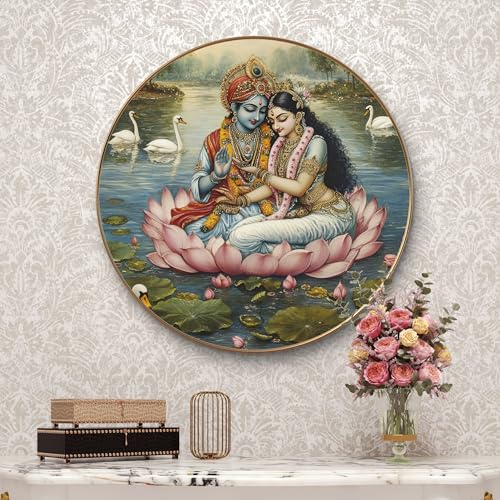 Image of Livin'luxe Radha Krishna Round Art Print with Golden Frame | Divine Lotus HD Art Print for Living Room Pooja Room Temple Home Decor (20x20 Inch) Art-GRL-209