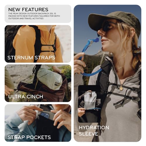 Peak Design Outdoor Backpack 25L, Black, Compact and Lightweight Frameless Daypack, Ultra Cinch Roll-Top Design, Ideal for Day Hikes, Camera Carry and Commuting, Versatile Backpack for Men and Women