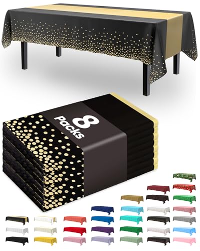 Image of Pureegg Plastic Table Cloth Disposable 8 Pack, 54 x 108 Inch, Table Runner Style, Graduation Decorations 2026, Party Tablecloths, Rectangle, Plastic Cover, Leakproof & Sturdy, Black Gold