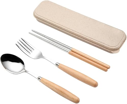 Miniatura 1 de BESTONZON Juego de cubiertos de acero inoxidable de 3 piezas, incluye cuchara, tenedor, palillos con estuche