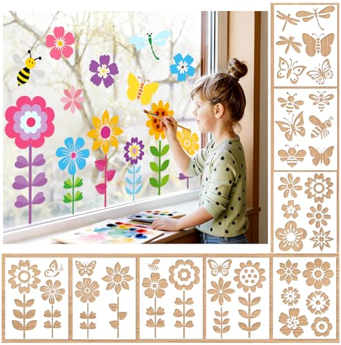 8 Pcs Spring Flowers Stencils for Window Glass 13.8 x 10.6 Inch Large Reusable Butterfly Flower Window Stencils Spring Wildflower Drawing Templates for DIY Painting on Glass Wall Wood Door Mats