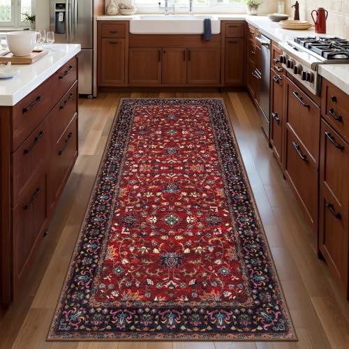 Image of Red 2x5 Washable Runner Rugs for Hallways, Oriental Non Slip Rug Runner