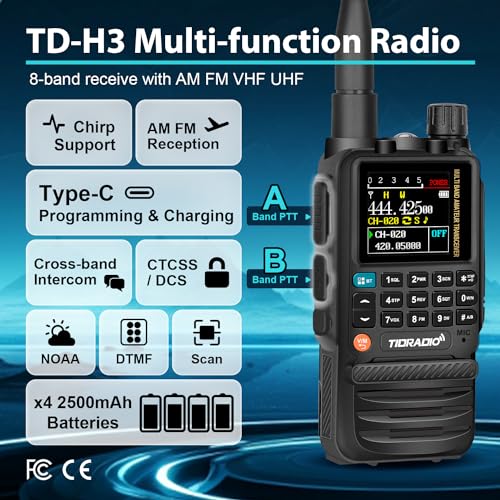 TIDRADIO TD-H3 Ham Multi-Band Radio,Handheld Two Way Radios with USB-C Programming & Charging, Long Range Radios 2500mAh Battery(4 PCS) AirBand &771 Antenna, Frequency Match,DTMF FM AM NOAA VOX SCAN