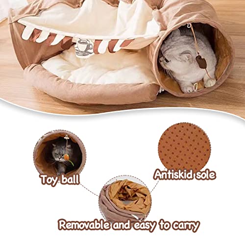 Image of EAEDMY Cat Rabbit Tunnel Bed Nest for Cats Indoor, with Collapsible Washable Soft Cushion, Plush Ball and Exercise Wheel Tube, Fit for Puppy Bunny Kitty Kitten Ferret(2.Coffee)