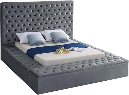 Miniatura 12 de Colección moderna Meridian Furniture Bliss, cama tapizada de terciopelo contemporánea con acolchonamiento de botón profundo y compartimentos de