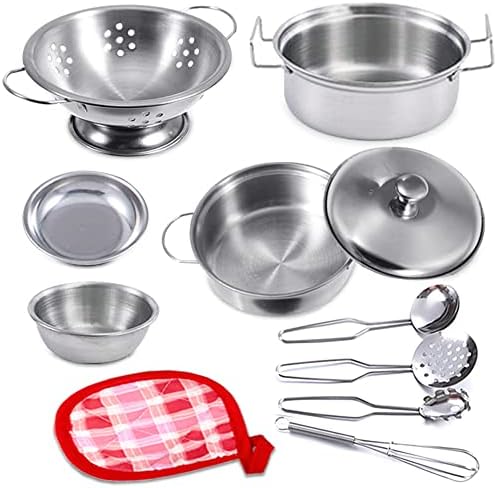 Rupnoflbui Kids Kitchen Pretend Play Toys,Mini Play Kitchen Accessories Set with Stainless Steel Pots and Pans, Cooking Utensils Cookware for Girls and Boys Aged 3 Years and up, 11Pieces