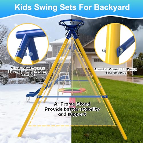 Image of 5-in-1 Kids Swing Set Slide, Saucer, Trapeze, Belt Swing and Basketball Hoop, Heavy Duty 600lbs, Metal Swing Sets for Backyard Ages 3-12