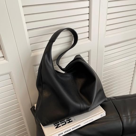 Hobo Bags for Women, Slouchy Tote Bag Soft Casual PU Leather Shoulder Purses 2pcs Work Everyday Handbags Stylish Slouchy Tote Purses(Black) - Image 2