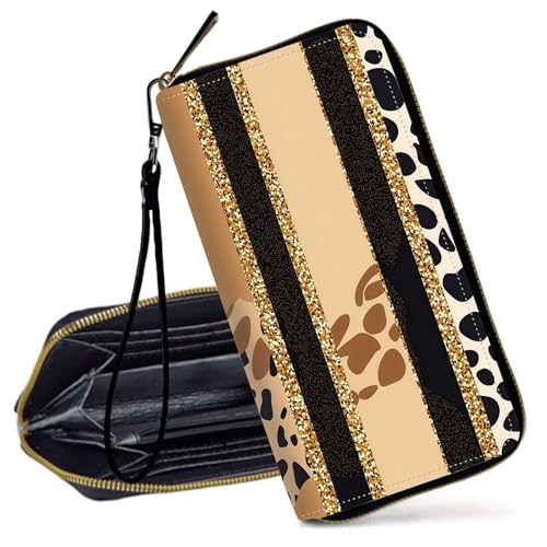 RFID Blocking Wristlet Wallet for Women, Slim PU Leather Clutch Purse with Zipper, Small Credit Card Holder with Wrist Strap, Travel Zip Wallet for Ladies,Cow Pattern with Gold Foil
