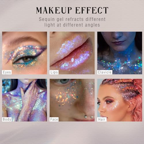 Body Glitter Gel,Holographic Face Glitter for Woman White Shimmer Chameleon Mermaid Chunky Sequins Color Changing Glitter Gel Sparkling Festival Party Accessories Hair Eyes Lips Makeup-Gold - Image 6