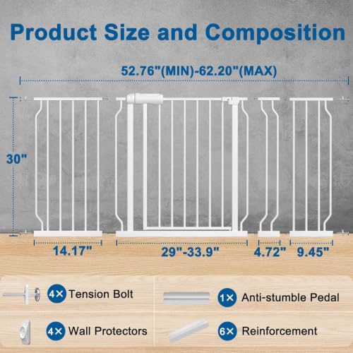 Image of ALLAIBB Extra Wide Pressure Mounted Baby Gate Walk Through Child Kids Safety Toddler Tension White Long Large Pet Dog Gates with Extension for doorways Kitchen (52.76-62.2 inch /134-158cm, White)