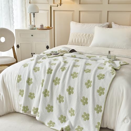Image of Ultra Soft Cozy Sunflower Knitted Throw Blanket Fluffy Microfiber Checkerboard Bed Blanket Lightweight Both Sides Blanket for Couch Sofa Bed (Sage Green, Throw 50 inchx60 inch)