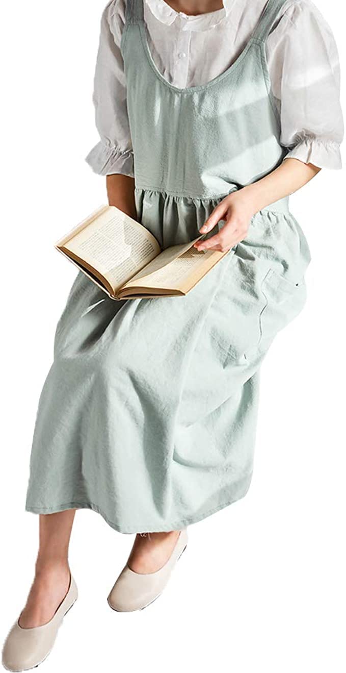 Upxiang Women Retro Literature Art Cotton Linen Cross Back Apron Flower Shop Clothing Cafe Kitchen Cooking Casual Apron - Image 4