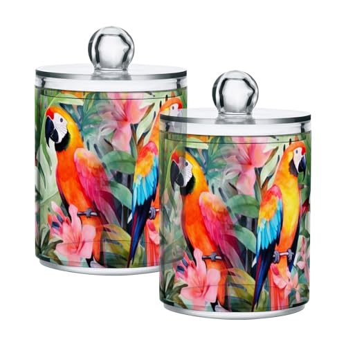 FLildon Colorful Parrot Birds Qtip Holder Dispenser, Bathroom Organizer and Storage Containers, 2Pack Clear Plastic Apothecary Jars with Lids for Cotton Ball, Cotton Swab, Floss