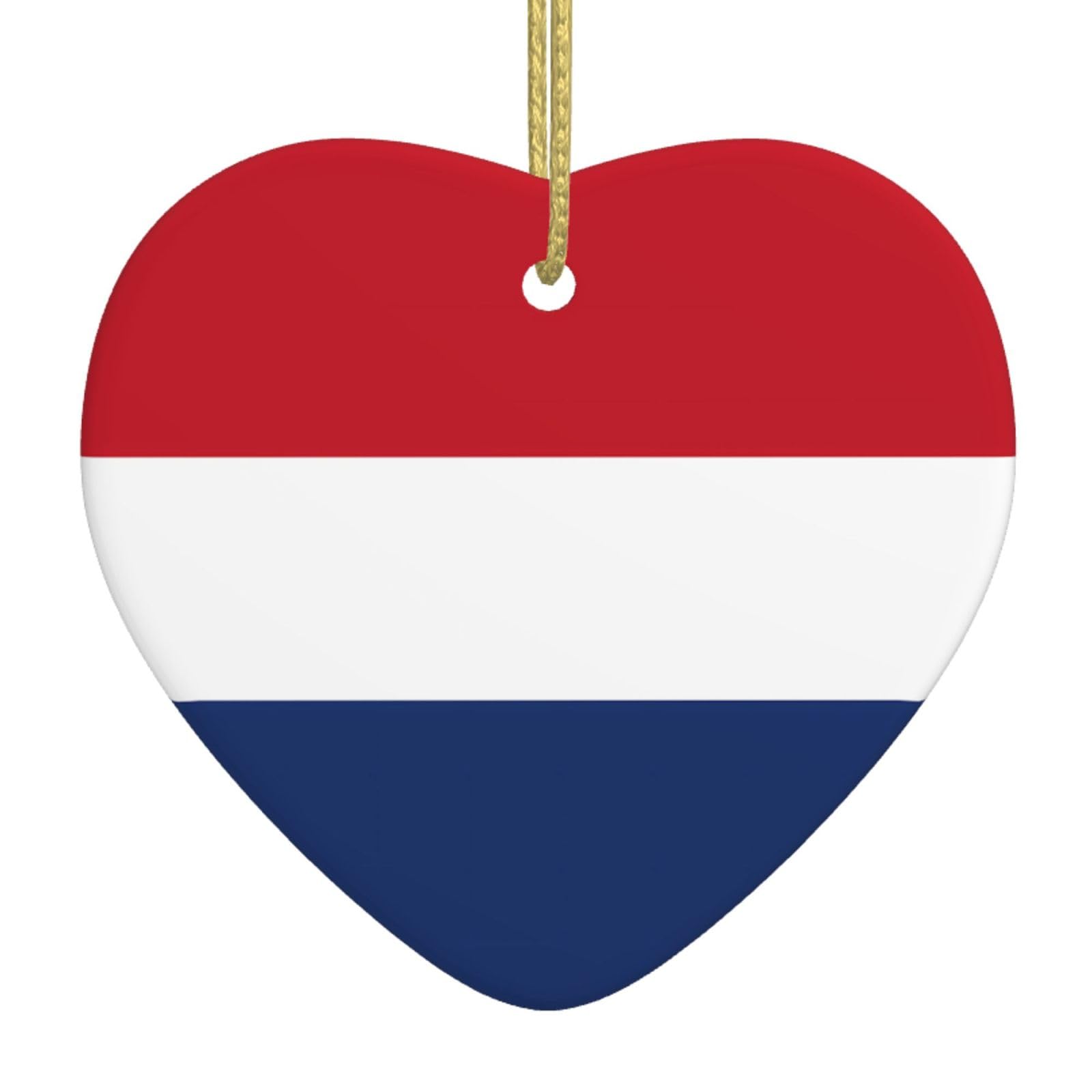 Dutch Flag Ceramic Christmas Heart Pendant with Silk Thread, Christmas Tree Home Decoration