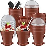 100 Pack Flowerpot Dessert Cup Plastic Cake Cups with Lid Shovel Spoon Bottom Tray Small Flower Pot Cups Dessert Cups Ice Cream Yogurt Containers Holder for Ice Cream Pudding Mousse DIY Baking