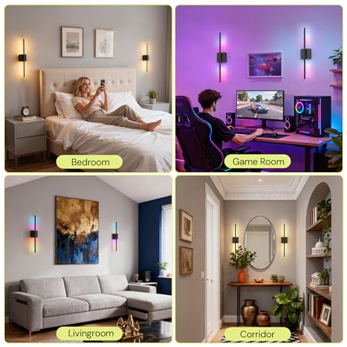 Image of L LOHAS LED 24in Peel and Stick on Battery Operated Wall Sconces Set of 2, Magnetic Linear Wall Sconce Easy Install witg Removable Battery, No Drill, Sconces Wall Decor Set of for Livingroom, Black