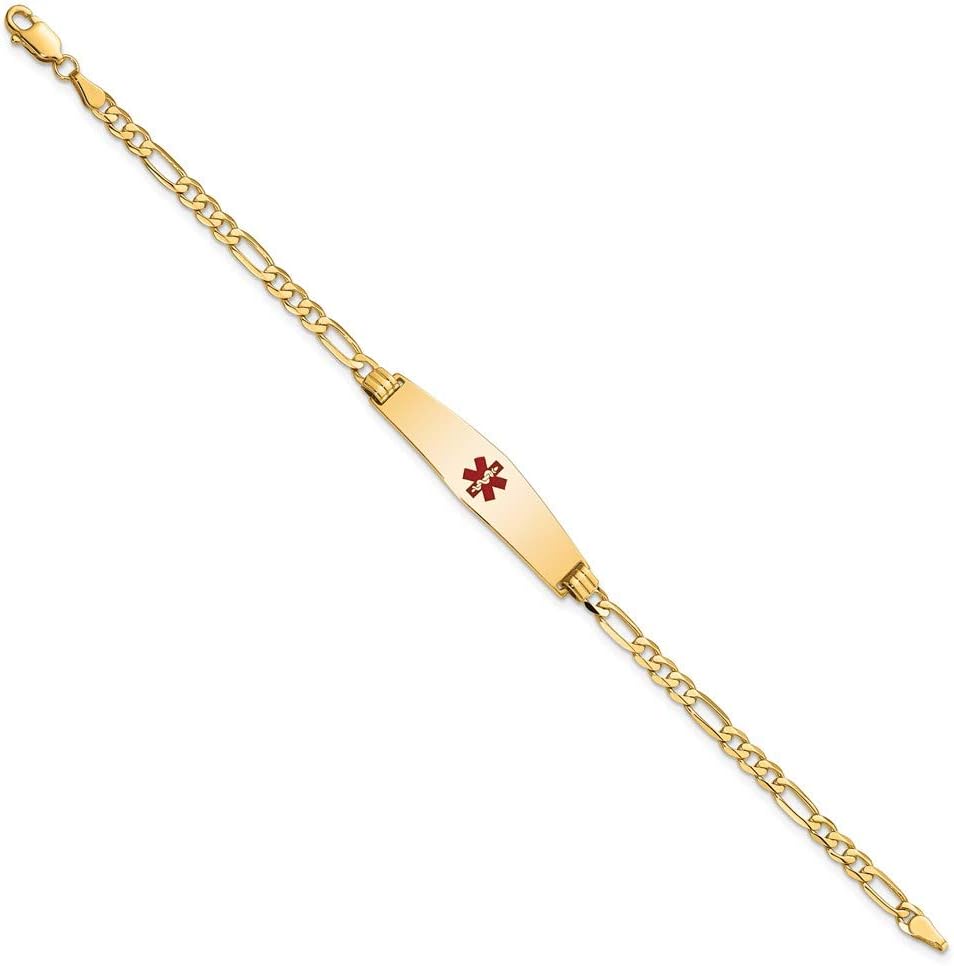 Engravable Personalized Custom 14K Yellow Gold Medical Soft Diamond Shape Red Enamel Flat Figaro Link ID Bracelet For Men or Women Length 7 inches Width 8.5 mm With Lobster Claw Clasp