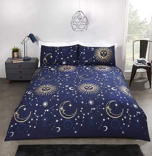 RAVALI Celestial Astronomy Moon Stars Sun Metallic Duvet Cover Set (Black & Silver, Single)