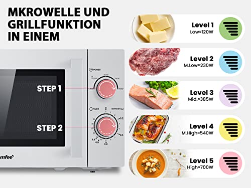 Comfee-Microondas-CMSN-20-si-con-5-niveles-de-potencia-iluminacion-interior-facil-descongelacion-plato-giratorio-de-360-dos-reguladores-20-L-700-W-color-plateado
