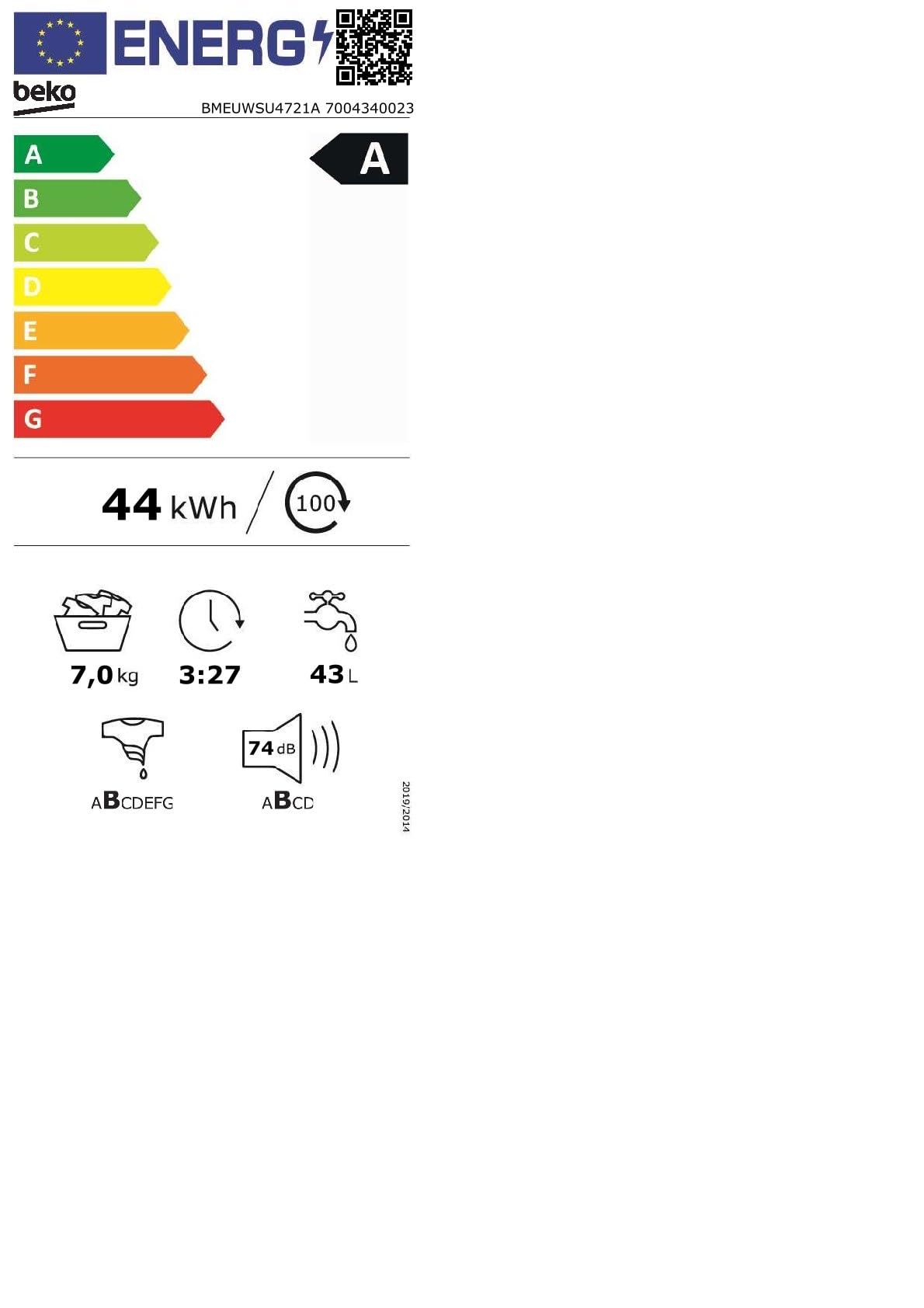 BMEUWSU4721A - Lavatrice 7 kg, 1200 giri, Libera installazione, Classe energetica A