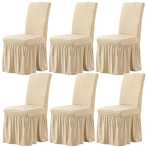 CLGTY Stretch Stuhlbezug 6er Set, Stretch Seersucker Stuhlhussen Mit Rock, Stuhlhussen Für Home Party Hotel Hochzeitszeremonie-Khaki-Set of 6 Cover