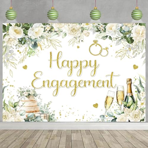 Image of Engagement Banner She Said Yes Fabric 72x44inch Happy Engagement Backdrop Sage Green Leaves Rose Champagne Background Wedding Bride to Be Party Decorations Photo Banner Booth