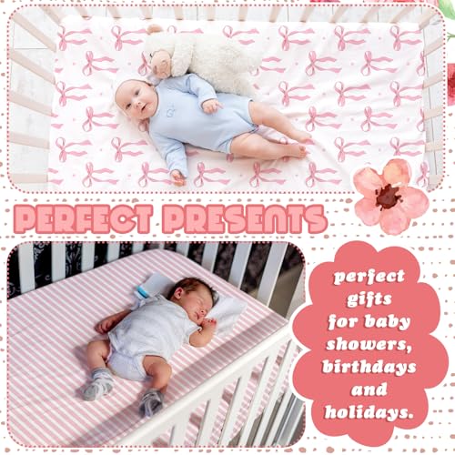 Image of Peryiter 4 Pack Crib Sheets Girl Soft Baby Bed Sheet Set 52'' x 28 inch Nursery Crib Sheets for Standard Bed for Nursery Decor Baby Boys or Girls(Pink,Coquette Bow)
