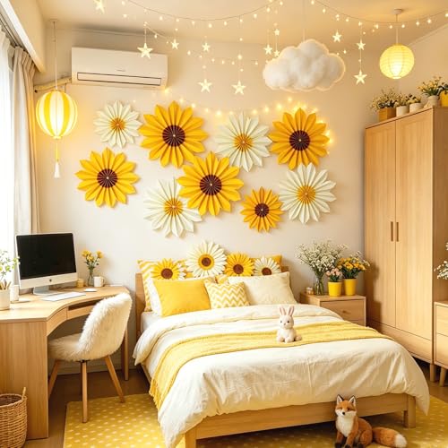 Image of EASY JOY 9PCS Sunflower Party Decorations Sunflower Paper Fans Yellow Birthday Decorations Hanging Paper Flower Fan for Women for Summer Baby Shower Bulletin Board Decorations