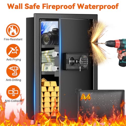Large Fireproof Wall Safes Between the Studs, Heavy Duty Fire Wall Security Safes with Digital Keypad and 2 Removable Shelves, in Wall Hidden Safe for Home, Pistols, Cash, Documents, Jewelry