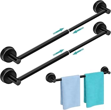 MGahyi 2Pcs Black No Drill Adjustable Stainless Steel Suction Cup Towel Bar | 14.6  24Inch Extendable Bath Shower Towel Holdere,Heavy Duty Towel Rack Suitable for Tile, Glass & Smooth Flat Surfaces