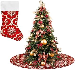 Cozlly Christmas Tree Skirt, 50inch Large Xmas Tree Skirts Luxury Snowflake Printed Christmas Tree Base Cover Mat with Decorative Sock for New Year Party Decorations Ornaments, Red & Grey (Red)