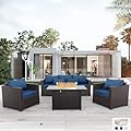 4 Piece Patio Furniture Set 45In Fire Pit Table Outdoor Furniture Sets Patio Couch Outdoor Chairs 50000 BTU Propane Fire Pit with No-Slip Cushions and Waterproof Covers, Navy Blue