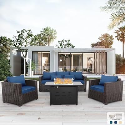 4 Piece Patio Furniture Set 45In Fire Pit Table Outdoor Furniture Sets Patio Couch Outdoor Chairs 50000 BTU Propane Fire Pit with No-Slip Cushions and Waterproof Covers, Navy Blue