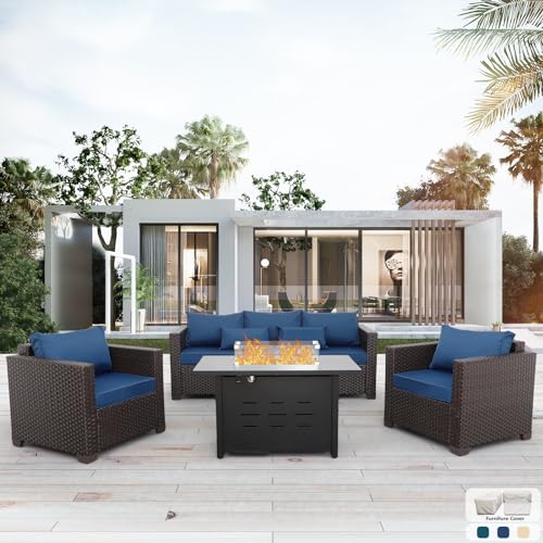 Rattan Star 4 Piece Patio Furniture Set 45 Inches Fire Pit Table Outdoor Furniture Sets Patio Couch Outdoor Chairs 50000 BTU Propane Fire Pit with No-Slip Cushions and Waterproof Covers, Navy Blue