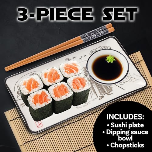 Image of Silver Buffalo Star Wars Watercolor Japanese Art Featuring Jabba the Hutt, Darth Vader, Stormtroopers Ceramic Sushi Set with Dipping Sauce Dish and Matching Chopsticks